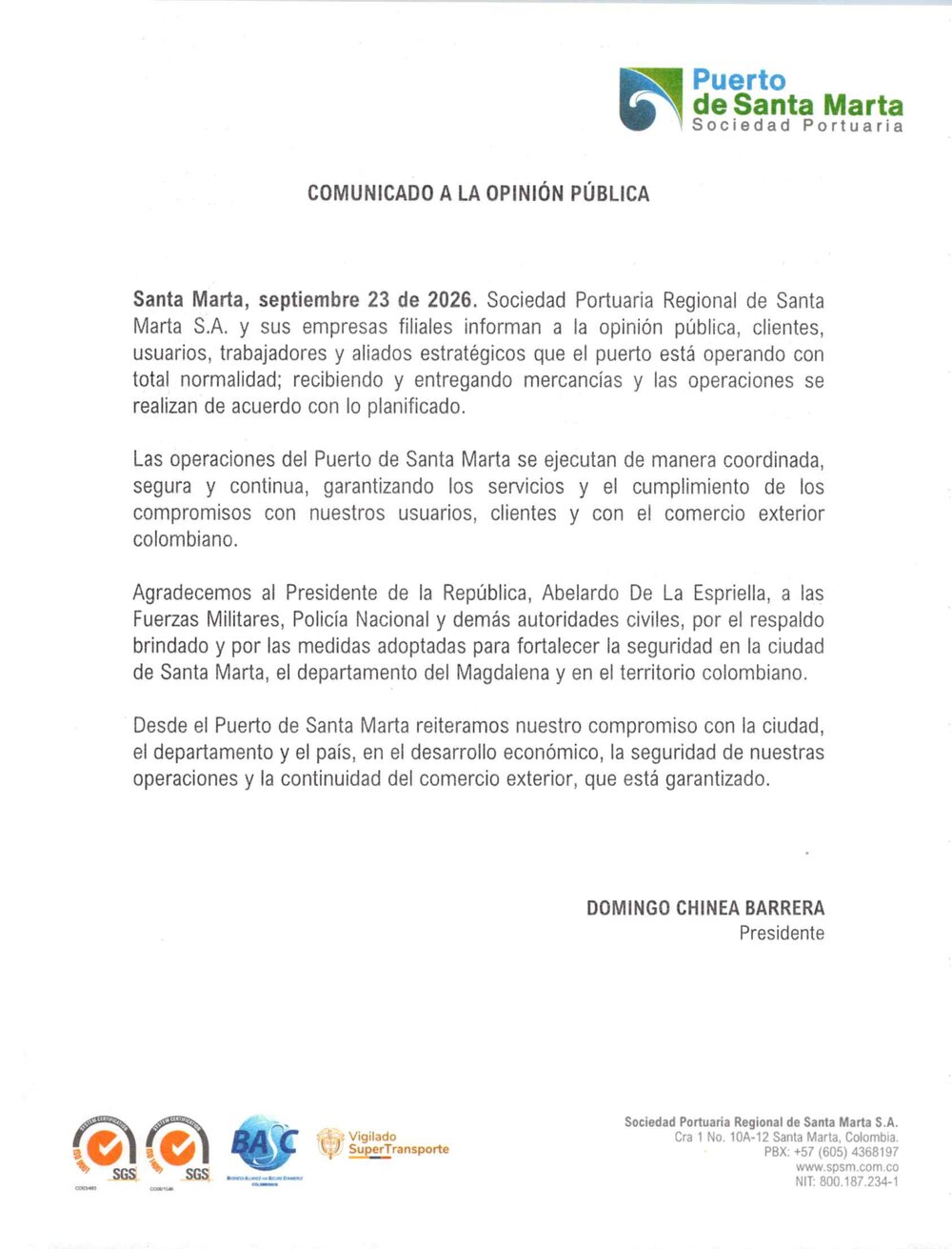 Puerto de Santa Marta informa que mantiene sus operaciones con normalidad